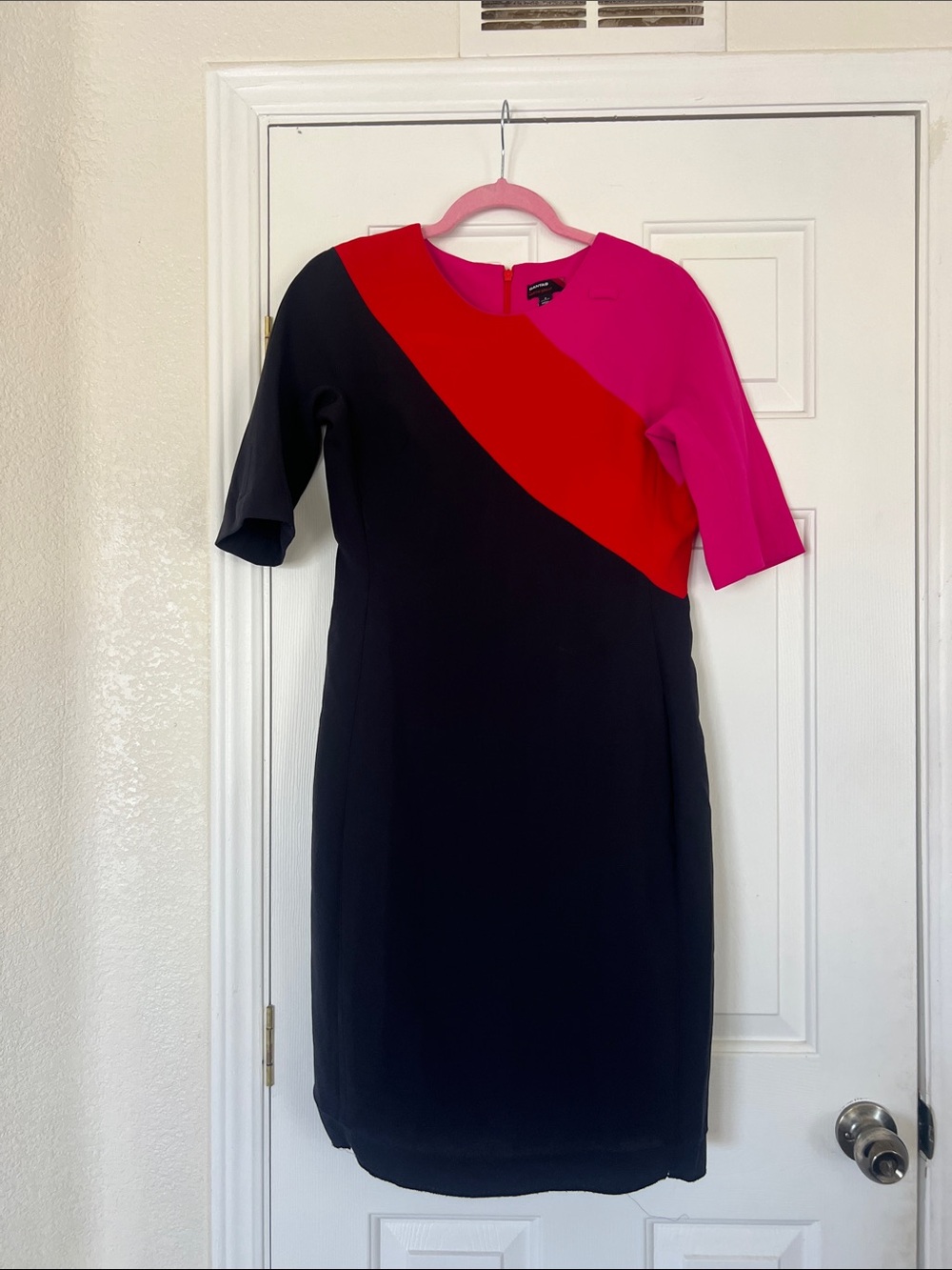 MARTIN GRANT Black Midi Dress with Red and Pink Diagonal Panel